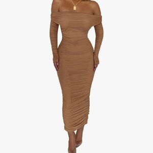 Elegant Tan Off-Shoulder Dress (4)